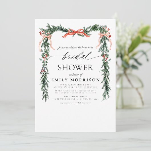Watercolor Pine Bow Christmas Bridal Shower 招待状 (スタンド正面)