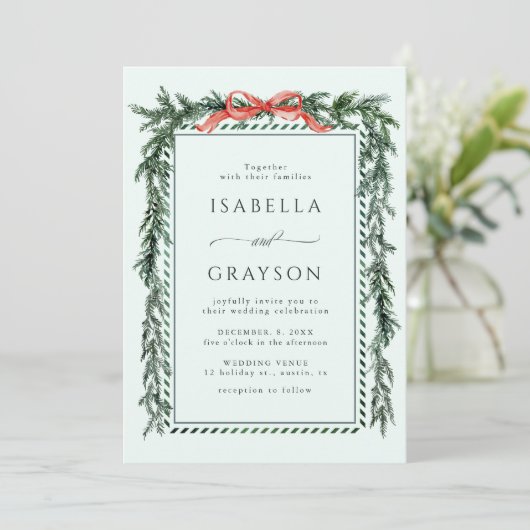 Watercolor Pine Garland Mint Green Wedding 招待状 (スタンド正面)