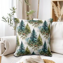 Watercolor Pine Pattern Elegant Winter クッション
