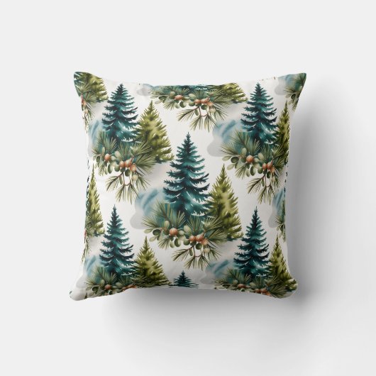 Watercolor Pine Pattern Elegant Winter クッション (裏面)
