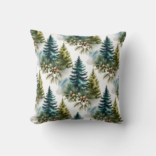 Watercolor Pine Pattern Elegant Winter クッション (正面)