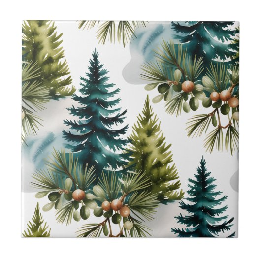Watercolor Pine Pattern Elegant Winter  タイル (正面)