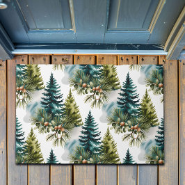 Watercolor Pine Pattern Elegant Winter ドアマット
