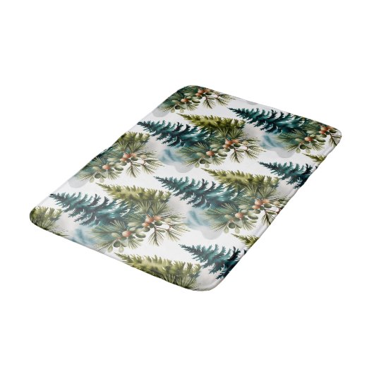 Watercolor Pine Pattern Elegant Winter バスマット (アングル)