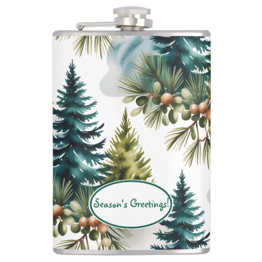 Watercolor Pine Pattern Elegant Winter フラスク (正面)