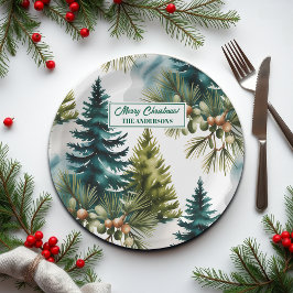 Watercolor Pine Pattern Elegant Winter  ペーパープレート