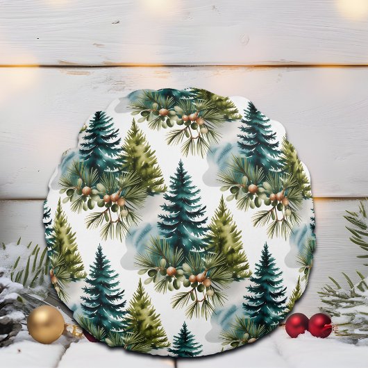 Watercolor Pine Pattern Elegant Winter ラウンドクッション