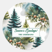 Watercolor Pine Pattern Elegant Winter ラウンドシール (正面)