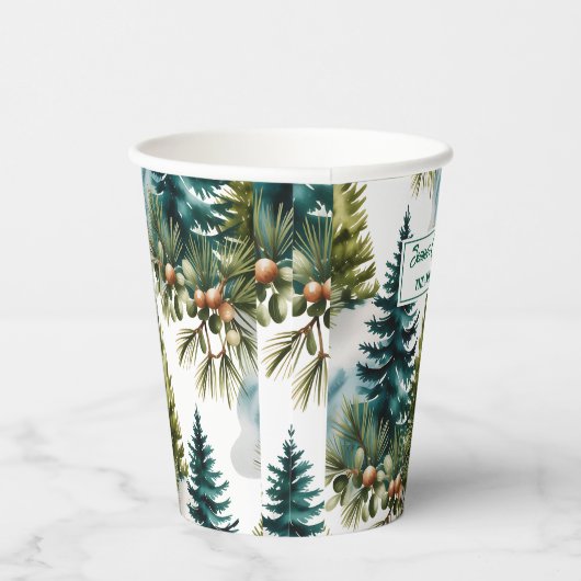 Watercolor Pine Pattern Elegant Winter  紙コップ (右)
