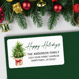 Watercolor Pine Red Bow Calligraphy Return Address ラベル