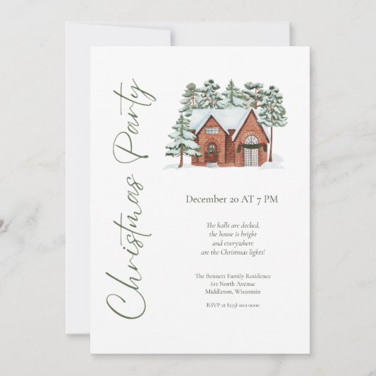 Watercolor Pine Tree Christmas Dinner 招待状 (正面)