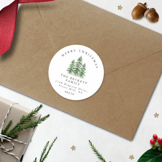 Watercolor Pine Tree Forest Christmas ラウンドシール