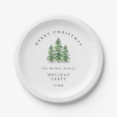 Watercolor Pine Tree Forest Holiday Party ペーパープレート (正面)