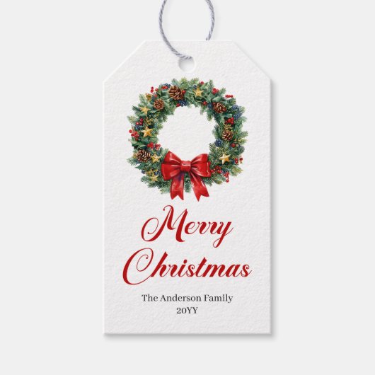 Watercolor Pine Wreath Christmas Gift Label ギフトタグ (正面)