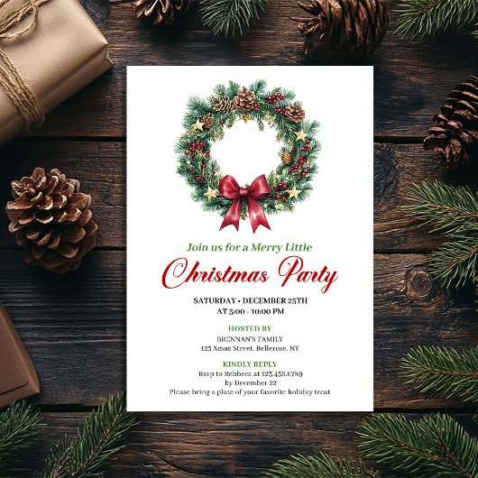 Watercolor Pine Wreath Christmas Party Card 招待状