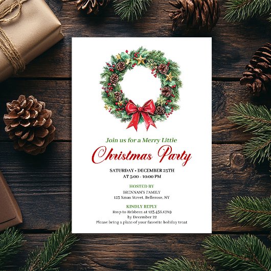 Watercolor Pine Wreath Christmas Party Invitation 招待状