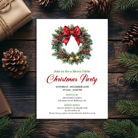 Watercolor Pine Wreath Christmas Party Invitation 招待状