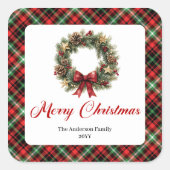 Watercolor Pine Wreath Christmas Sticker Design スクエアシール (正面)