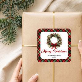 Watercolor Pine Wreath Christmas Sticker Design スクエアシール