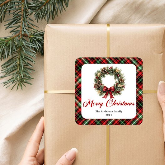 Watercolor Pine Wreath Christmas Sticker Design スクエアシール