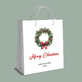 Watercolor pine wreath gift bag with name option ミディアムペーパーバッグ
