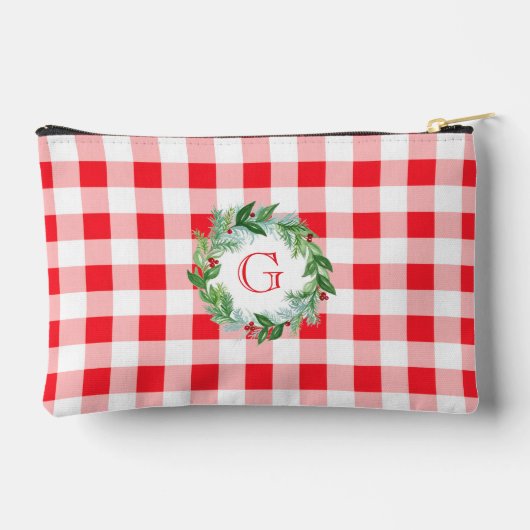 Watercolor Pine Wreath MONOGRAM Red Check  アクセサリーポーチ (裏面)
