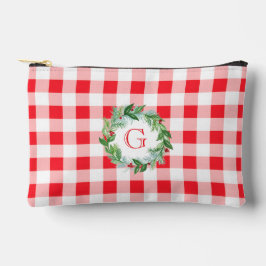 Watercolor Pine Wreath MONOGRAM Red Check  アクセサリーポーチ
