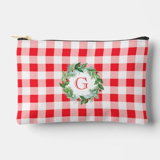 Watercolor Pine Wreath MONOGRAM Red Check  アクセサリーポーチ (正面)