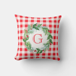 Watercolor Pine Wreath MONOGRAM Red Check クッション