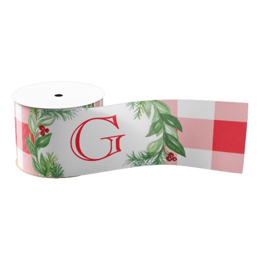 Watercolor Pine Wreath MONOGRAM Red Check グログランリボン (リール)