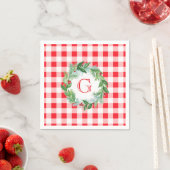 Watercolor Pine Wreath MONOGRAM Red Check  スタンダードカクテルナプキン (インサイチュ)
