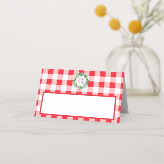 Watercolor Pine Wreath MONOGRAM Red Check  プレイスカード (正面)