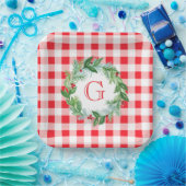 Watercolor Pine Wreath MONOGRAM Red Check ペーパープレート (パーティー)
