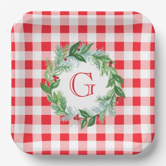 Watercolor Pine Wreath MONOGRAM Red Check ペーパープレート (正面)