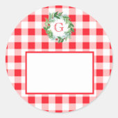 Watercolor Pine Wreath MONOGRAM Red Check ラウンドシール (正面)