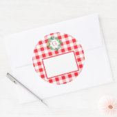 Watercolor Pine Wreath MONOGRAM Red Check ラウンドシール (封筒)