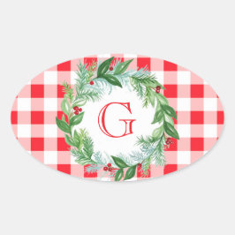 Watercolor Pine Wreath MONOGRAM Red Check  楕円形シール