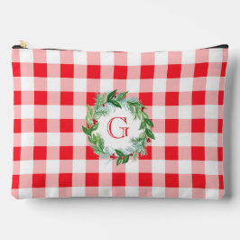 Watercolor Pine Wreath MONOGRAM Red Check LG アクセサリーポーチ