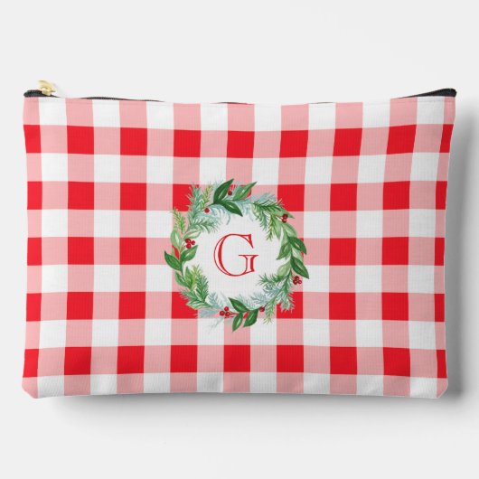 Watercolor Pine Wreath MONOGRAM Red Check LG アクセサリーポーチ (正面)