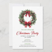 Watercolor Pine Wreath Red Green Party Invite 招待状 (正面)