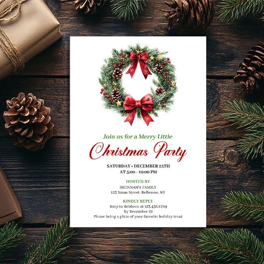 Watercolor Pine Wreath Red Green Party Invite 招待状