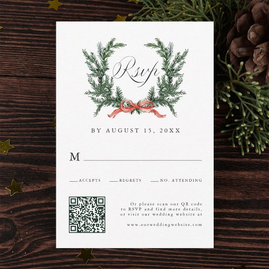 Watercolor Pine Wreath Wedding QR Code 出欠カード