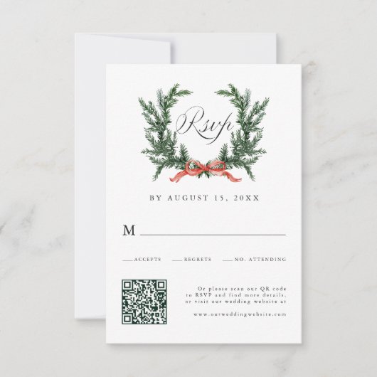 Watercolor Pine Wreath Wedding QR Code 出欠カード (正面)