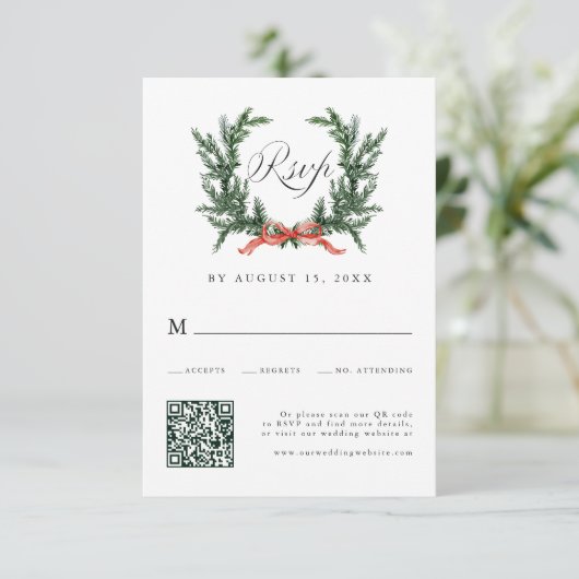 Watercolor Pine Wreath Wedding QR Code 出欠カード (スタンド正面)