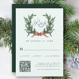 Watercolor Pine Wreath Wedding QR Code Mint Green 出欠カード