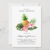 Watercolor Pineapple Hibiscus Tropical Baby Shower 招待状 (正面)