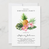 Watercolor Pineapple Hibiscus Tropical Birthday 招待状 (正面)