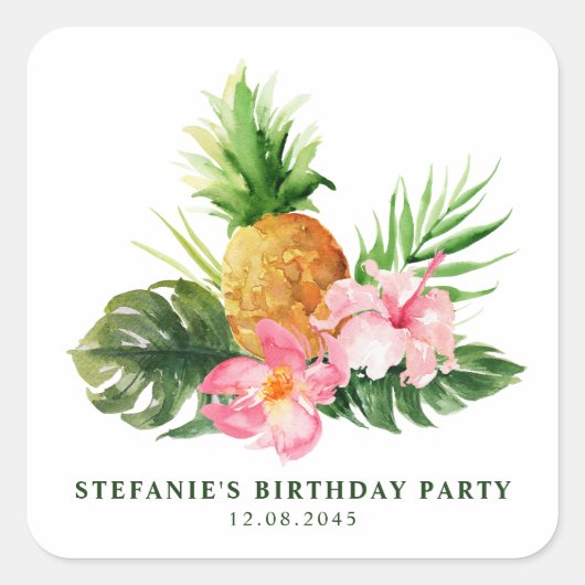 Watercolor Pineapple Summer Birthday Party スクエアシール (正面)