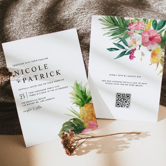 Watercolor Pineapple Tropical QR Code Wedding 招待状