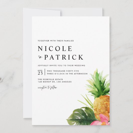 Watercolor Pineapple Tropical QR Code Wedding 招待状 (正面)
